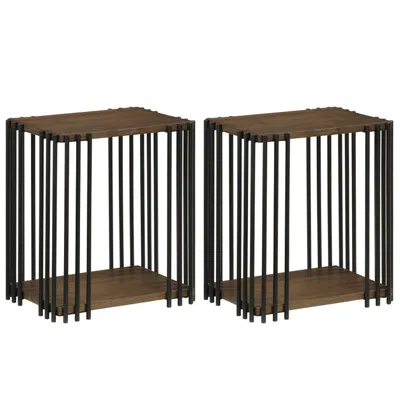 Hivvago Rubber Wood Side Table Set Of 2 With 2-layer Storage Shelves And Metal Frame In Brown