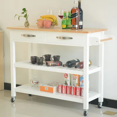 Hivvago Rubber Wood Top Simple Design Mobile Kitchen Island With Two Lockable Wheels - White