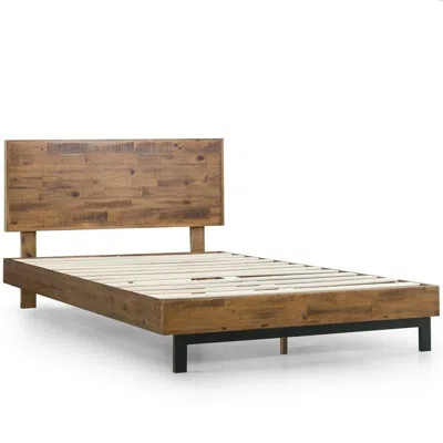 Hivvago Rustic Farmhome Low Profile Pine Slatted Platform Bed In Queen In Brown