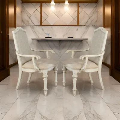 Hivvago Rustic Wooden Arm Chair With Intricate Carvings, Set Of 2, Antique White In Neutral