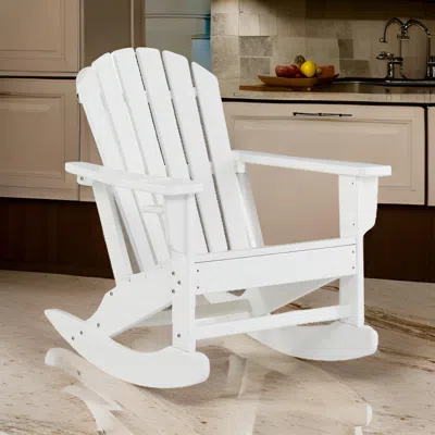 Hivvago Sami 35 Inch Outdoor Rocking Chair, Slatted Design, Modern White Finish