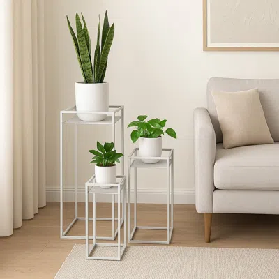 Hivvago Sano Plant Stand Table Set Of 3, Mesh Pattern, White Metal, Square