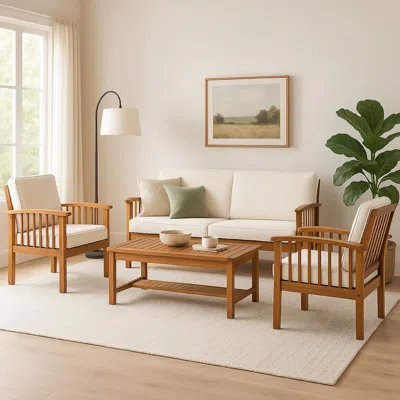 Hivvago Sayan 4pc Outdoor Coffee Table Set, Loveseat, 2 Chairs, Beige, Brown