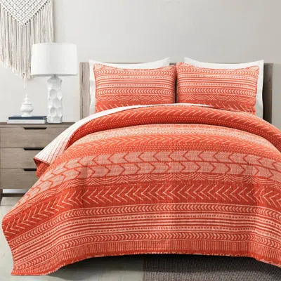 Hivvago Scandinavian Chevron Orange White Stripe Reversible Cotton Quilt Set In Red