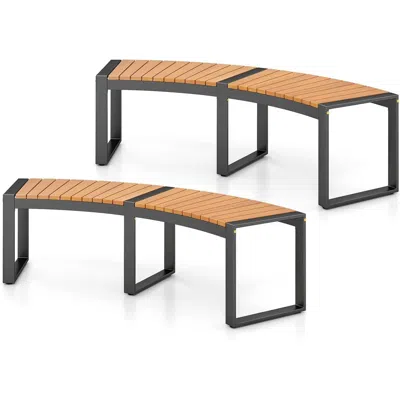 Hivvago Set Of 2 - Outdoor Metal Wood Backless Garden Bench With Modern Curved Design In Brown