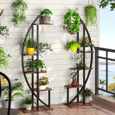 Hivvago Set Of 2 - Symmetrical Modern Metal Wood 10-shelf Plant Stand In Brown