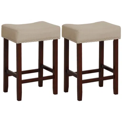 Hivvago 2 Pieces 25 Inch Upholstered Bar Stool Set With Solid Rubber Wood Frame And Footrest-brown