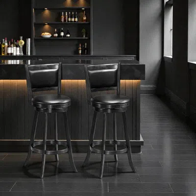 Hivvago Set Of 2 29-inch Wooden Swivel Bar Stools With Cushioned Pvc Seats In Black