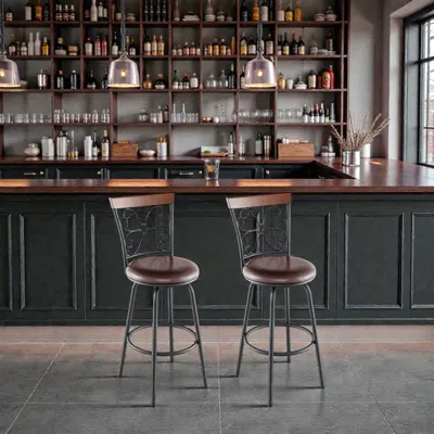 Hivvago Set Of 2 Adjustable Height Pu Leather Swivel Bar Stools With Cushioned Seats In Brown