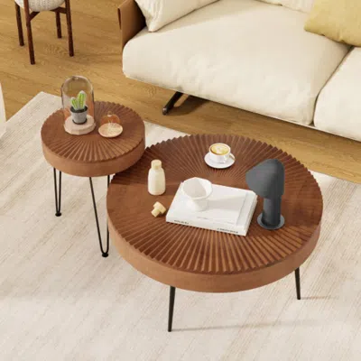 Hivvago Set Of 2 Boho Round Coffee Table With Solid Pine Wood Top And Metal Legs-brown