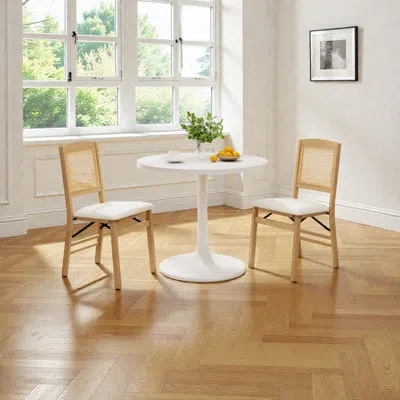 Hivvago Set Of 2 Compact Folding Chairs With Rubberwood Build And Linen-cushioned Seats In White