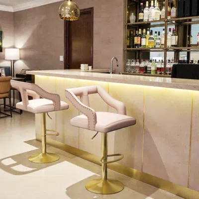 Hivvago Set Of 2 Contemporary Bar Stools With Built-in Footrest And Double Electroplated Metal Base In Gold