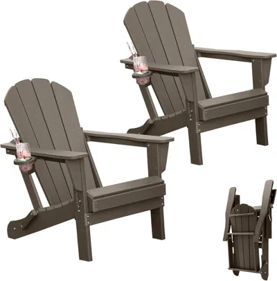 Hivvago Set Of 2 Folding Adirondack Chairs With Cup Holders In Gray