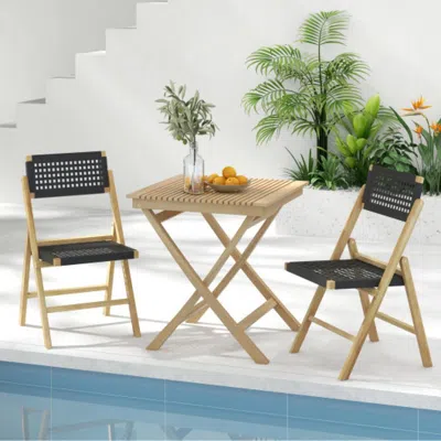 Hivvago Set Of 2 Folding Chairs Indonesia Teak Wood Dining Chairs With Woven Rope Seat And Back In Gold