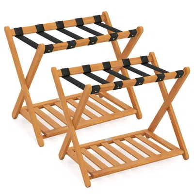 Hivvago Set Of 2 Folding Luggage Racks With 5 Nylon Straps And Slatted Storage Shelf In Brown