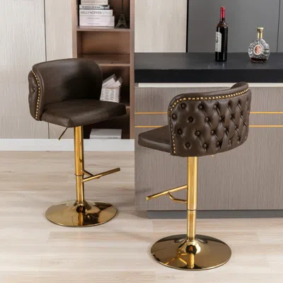 Hivvago Set Of 2 Gold Details Upholstered Whole Back Tufted Pu Armless Bar Stools - Brown