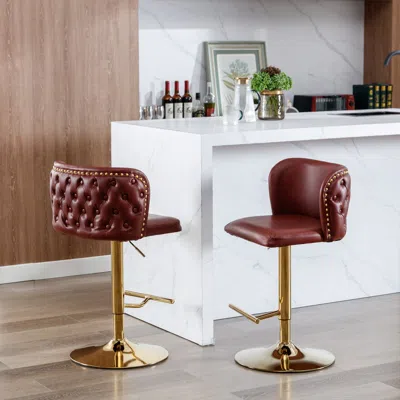 Hivvago Set Of 2 Gold Details Upholstered Whole Back Tufted Pu Armless Bar Stools - Burgundy