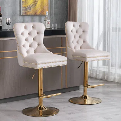 Hivvago Set Of 2 Height Adjustable Upholstered Tufted Velvet Armless Bar Stools With Gold Details - Beige In Brown