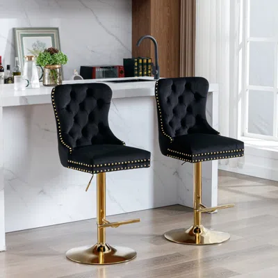 Hivvago Set Of 2 Height Adjustable Upholstered Tufted Velvet Armless Bar Stools With Gold Details - Black