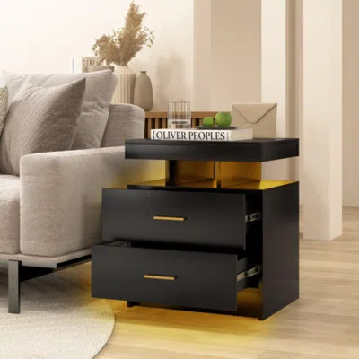 Hivvago Set Of 2 Led Nightstand With 2 Storage Drawers For Bedroom-black