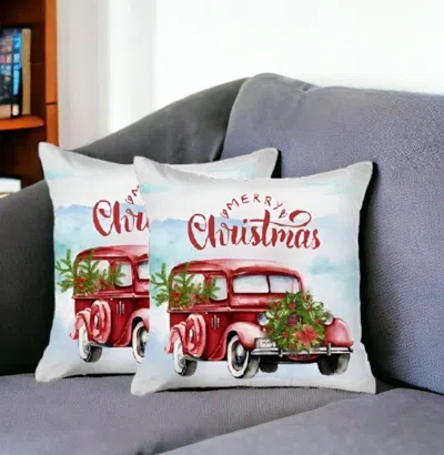 Hivvago Set Of 2 Merry Christmas Vintage Red Car Throw Pillows In Blue