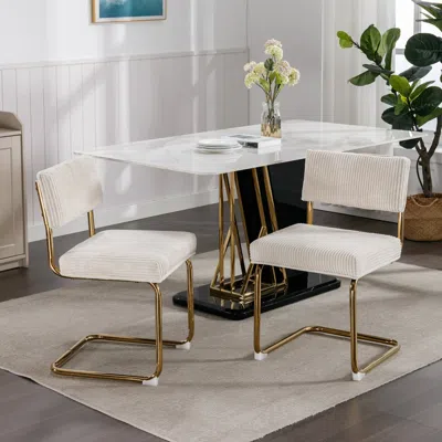 Hivvago Set Of 2 Modern Dining Chairs In Corduroy Fabric With Gold Metal Base - Beige In White