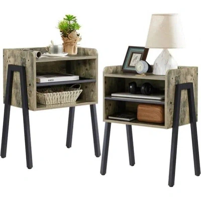 Hivvago Set Of 2 Modern Industrial Grey Wood Black Metal Side Table Nightstand End Table In Gray