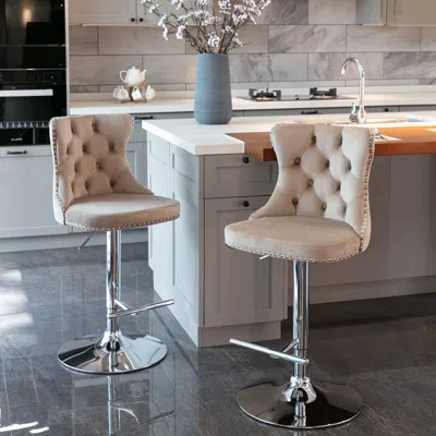 Hivvago Set Of 2 Modern Upholstered Tufted Velvet Armless Bar Stools With Chrome Details - Khaki In Neutral
