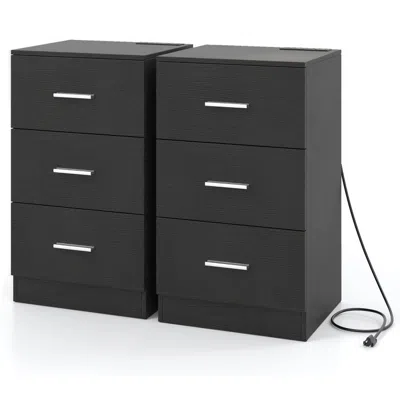 Hivvago Set Of 2 Nightstand With Charging Station End Table With 3 Storage Drawers Bedside Table For Bedroom In Gray