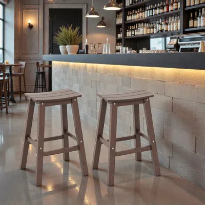 Hivvago Set Of 2 Outdoor 29 Inch Hdpe Saddle Bar Stools Armless Design In Brown