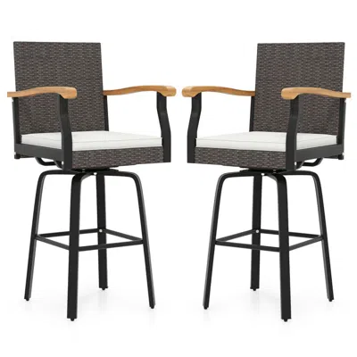 Hivvago Set Of 2 Outdoor 360° Swivel Bar Stool With Cushion And Acacia Wood Armrests In Gray