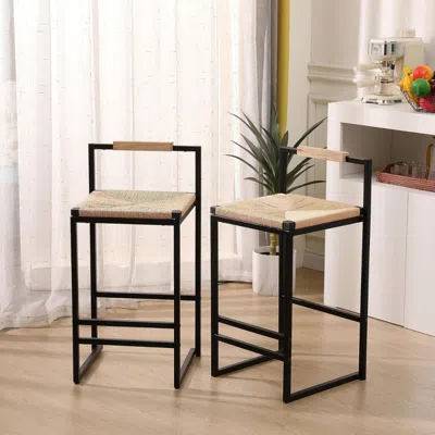 Hivvago Set Of 2 Paper Rope Woven Bar Stools With Back