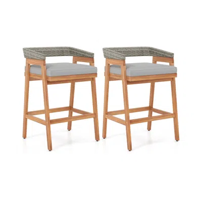 Hivvago Set Of 2 Patio Acacia Wood Counter Height Bar Stools With Cushions And Pe Wicker Backrests Footrests