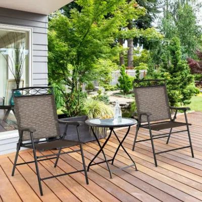 Hivvago Set Of 2 Patio Folding Chairs Sling Portable Dining Chair Set With Armrest In Brown