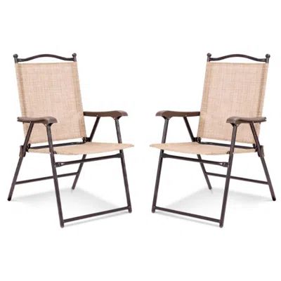 Hivvago Set Of 2 Patio Folding Sling Back Camping Deck Chairs-brown In Black