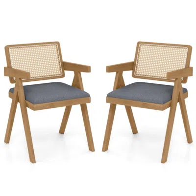 Hivvago Set Of 2 Rattan Accent Chairs With Padded Cushion And Rubber Wood Frame In Brown