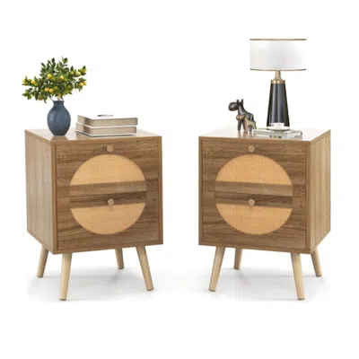 Hivvago Set Of 2 Rattan Nightstand With 2 Drawers And Solid Wood Legs-natual In Brown