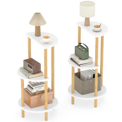 Hivvago Set Of 2 Round Side Table Compact With 3-tier Shelves And Bamboo Construction In Brown