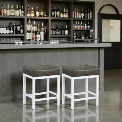 Hivvago Set Of 2 Saddle Bar Stools 24.5 Inch With Cushioned Linen Fabric Seats In White