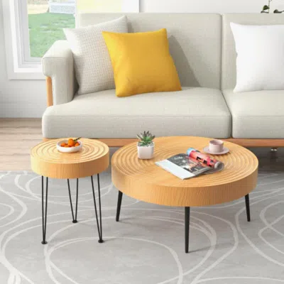 Hivvago Set Of 2 Solid Wood Farmhouse Round Coffee Tables-ring Pattern