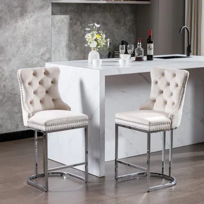 Hivvago Set Of 2 Upholstered Tufted Velvet Armless Bar Stools With Chrome Base Legs - Beige In Brown