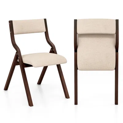 Hivvago Set Of 2 Wooden Folding Dining Chair With Linen Fabric Padded Seat And Backrest In Neutral