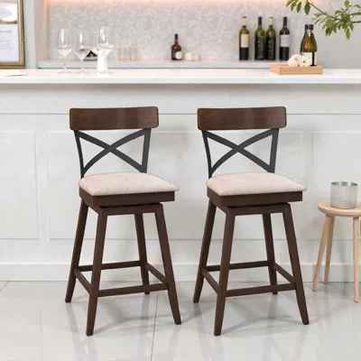 Hivvago Set Of 2 Wooden Swivel Bar Stools With Cushioned Seat And Open X Back-25 Inch In Brown