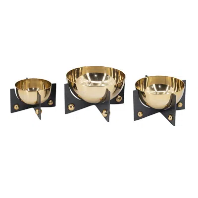 Hivvago Set Of 3 Aluminum Round Decorative Bowls, Gold Finish, Jet Black Stand