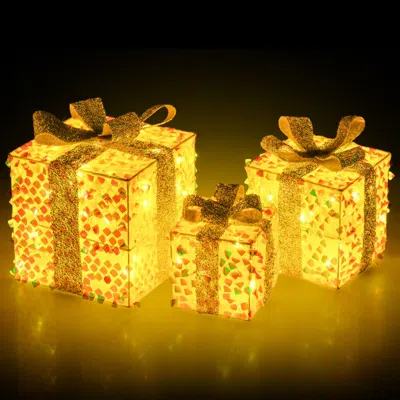 Hivvago Set Of 3 Christmas Lighted Gift Boxes With Pre-lit 90 Led Light And Bows In Gold