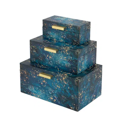 Hivvago Set Of 3 Decorative Rectangular Storage Boxes, Gold Handles, Blue Design