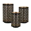 Hivvago Set Of 3 Lantern Candle Holders, Moroccan Lattice, Gold, Black Metal Frames