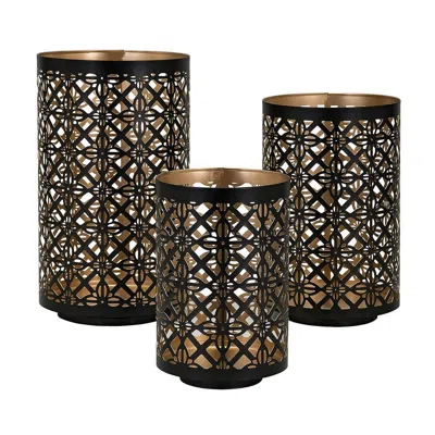 Hivvago Set Of 3 Lantern Candle Holders, Moroccan Lattice, Gold, Black Metal Frames