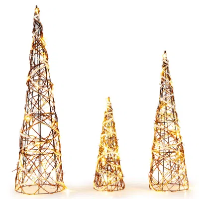 Hivvago Set Of 3 Lighted Rattan Cone Trees With Led Lights And Metal Frame In Gold