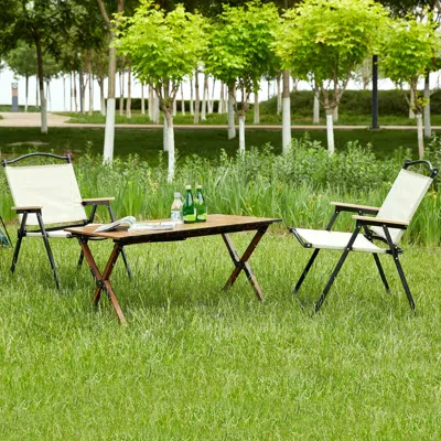 Hivvago Set Of 3 Outdoor Roll Up Table And Folding Chair Set Portable Camping Set - Brown+beige